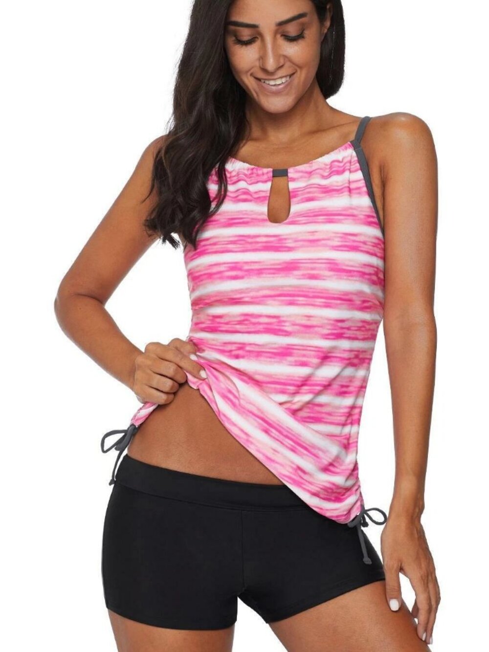 Women Pink White Stripes Keyhole Neck Swimsuit 2 PC Tankini Set with Shorts